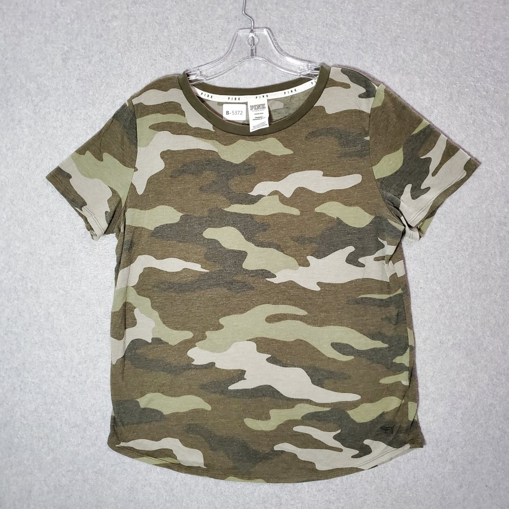 Pink Victorias Secret Women Top L Green Camo Shirt Short Sleeve Crew Neck‎